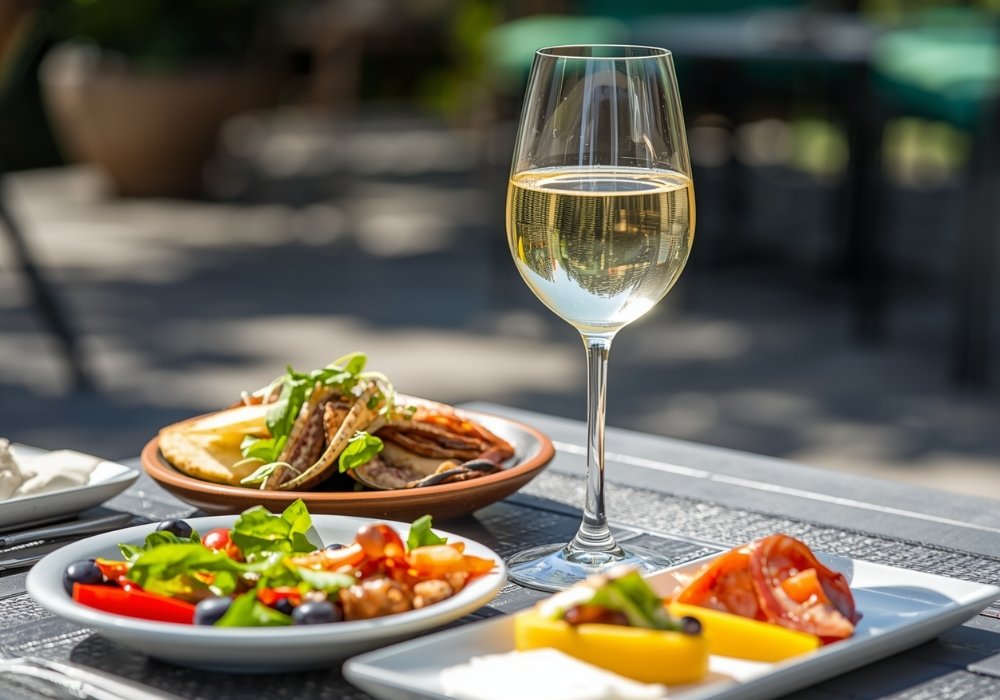 Weißwein oder Rotwein in Glas auf Essenstisch